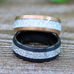 Rose Gold Wedding Band for Men, Black Tungsten Mens Wedding Band with Meteorite Inlay, Silver Meteorite Wedding Ring, Christmas Gifts