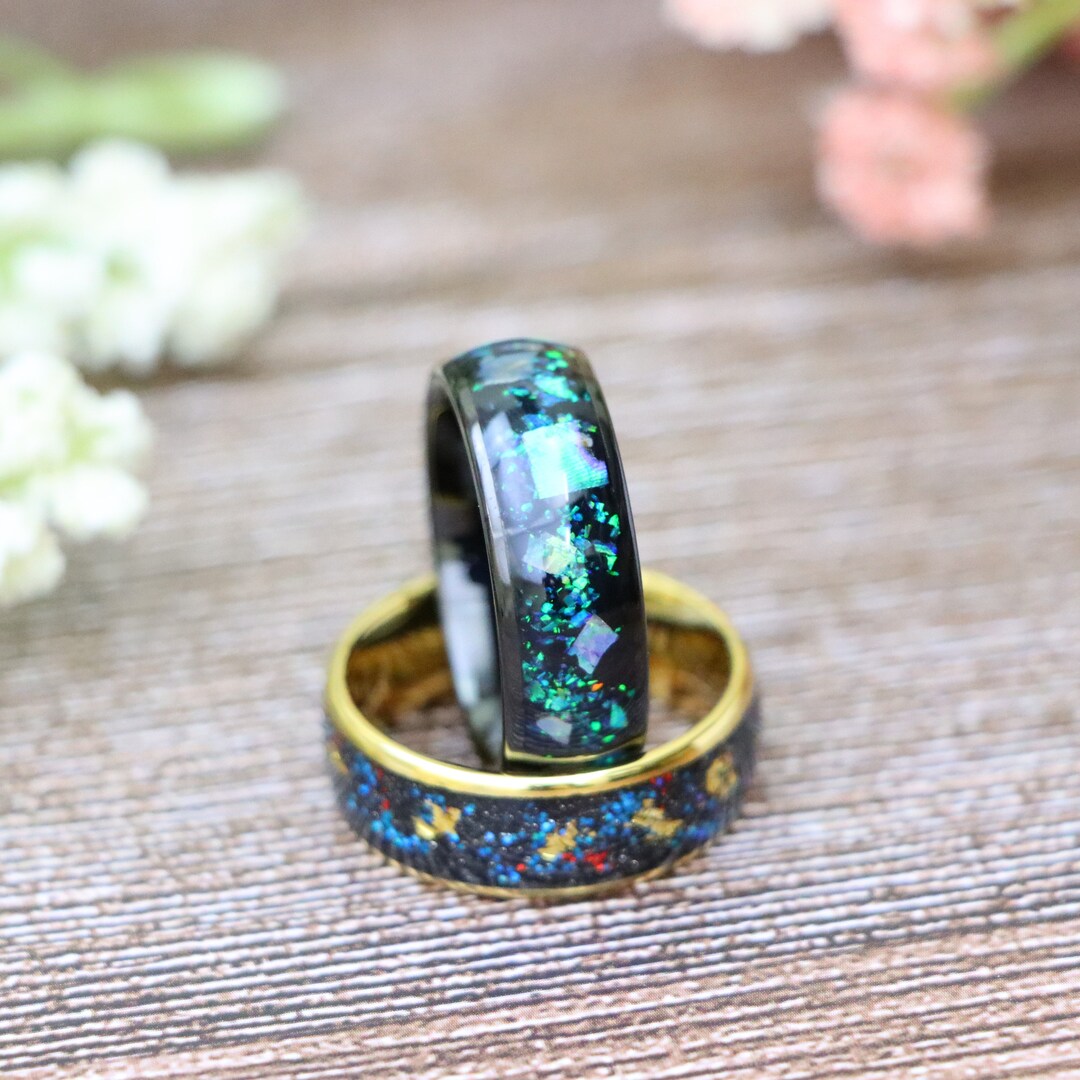 Black and Gold Tungsten Engagement Ring, Opal & Abalone Fragments Inlay ...