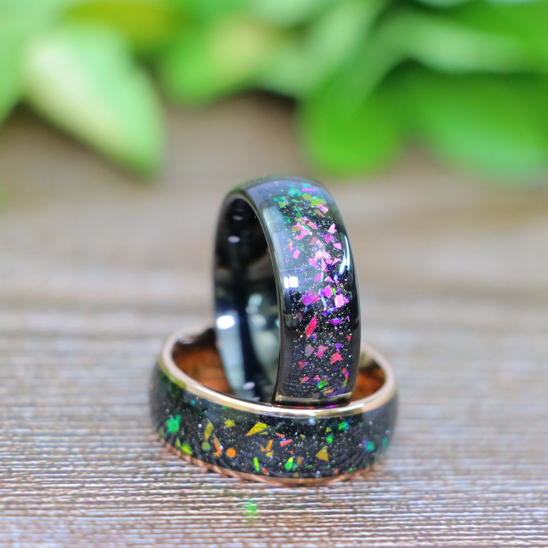 Abalone Galaxy Opal Inlay Band Rose Gold & Black Tungsten Engagement ...