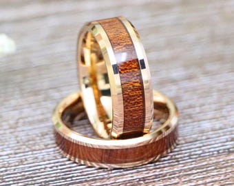 Hawaiian Koa Wood Inlay Center Ring, 6mm/8mm Rose Gold Tungsten Ring, Koa Wood Engagement Band, Couple Matching Ring, Thanks Giving Band