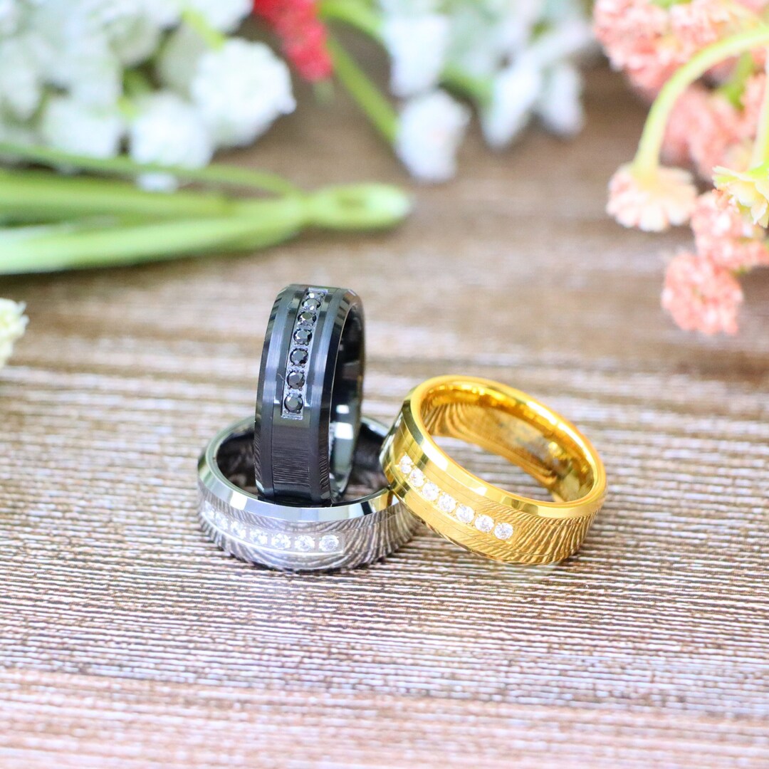 White & Black CZ Stone Inlay Band Black Silver Gold Tungsten Engagement ...
