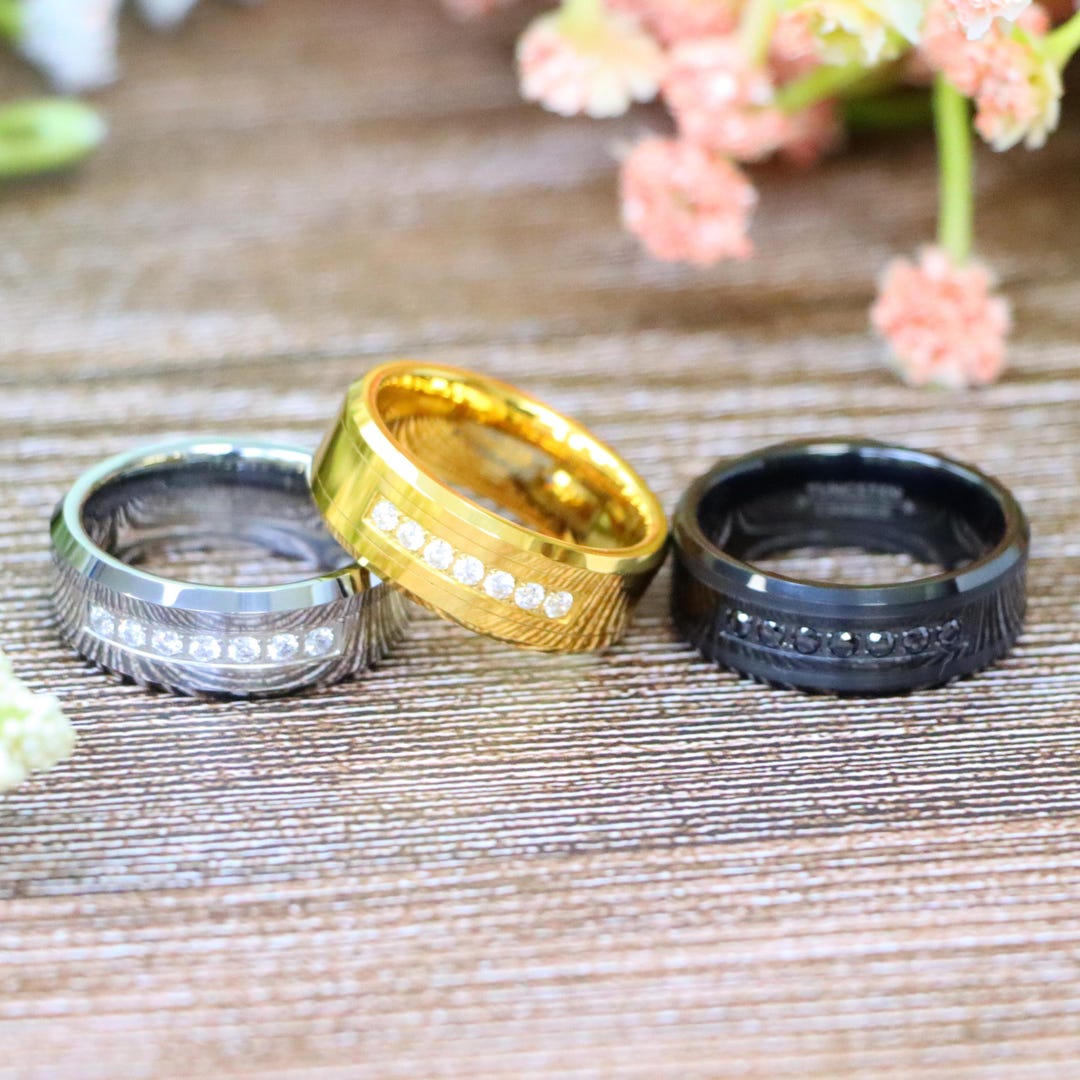 Man's Black CZ Stone Wedding Band Tungsten, Gold Tungsten Engagement ...