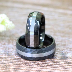 Black Tungsten Wedding Band, Men&#39;s Brushed Engagement Ring, Anniversary Hammered Band, Women&#39;s Promise Band, Engraved Rings, Christmas Gifts