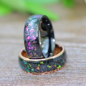Abalone Wedding Ring, Galaxy Opal Inlay Black Tungsten Men&#39;s Band, Engagement Ring, Rose Gold Men&#39;s Ring, Women&#39;s Opal Rings, Christmas Gift