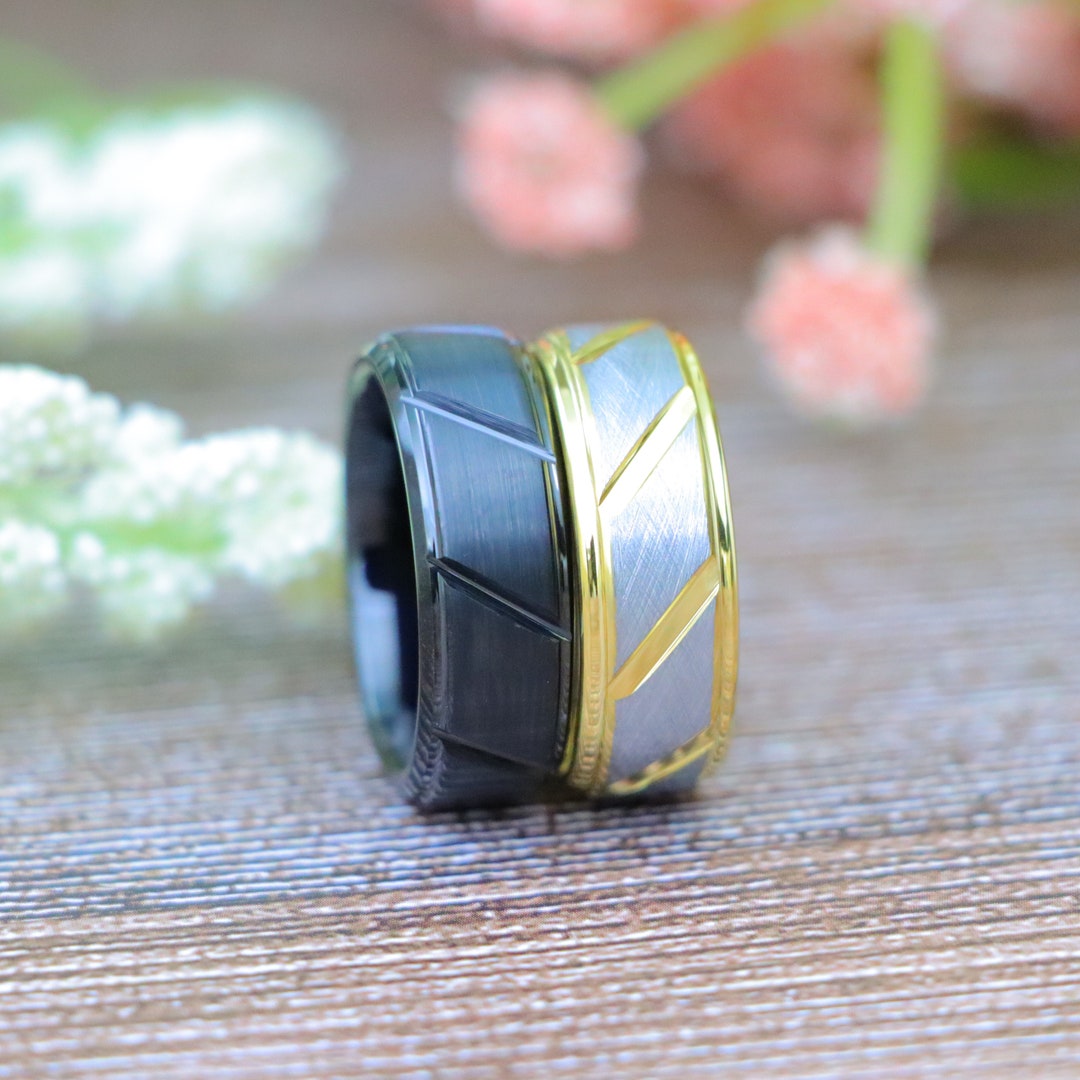 Vertical Grooved Wedding Rings, Black Tungsten Engagement Ring, Yellow ...