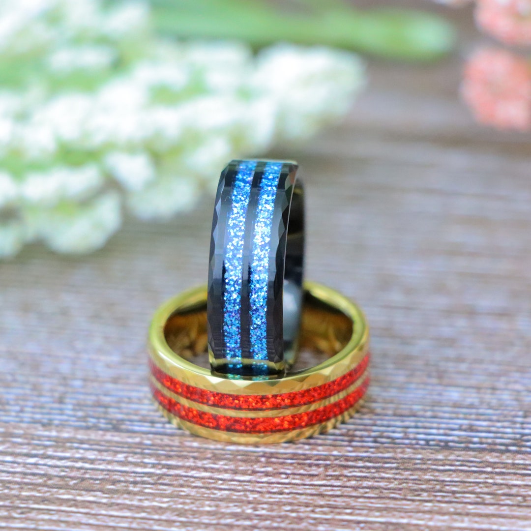 Double Barrel Glitter Inlay Wedding Rings, Black Gold Faceted Tungsten ...