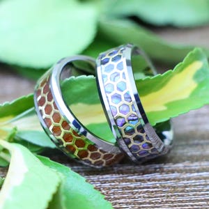 Men&#39;s Abalone Inlay Honeycomb Silver Beveled Edge, Couple Wedding Band, Personalized  Rings for Men, Anniversary Band, Valentine Day Gifts