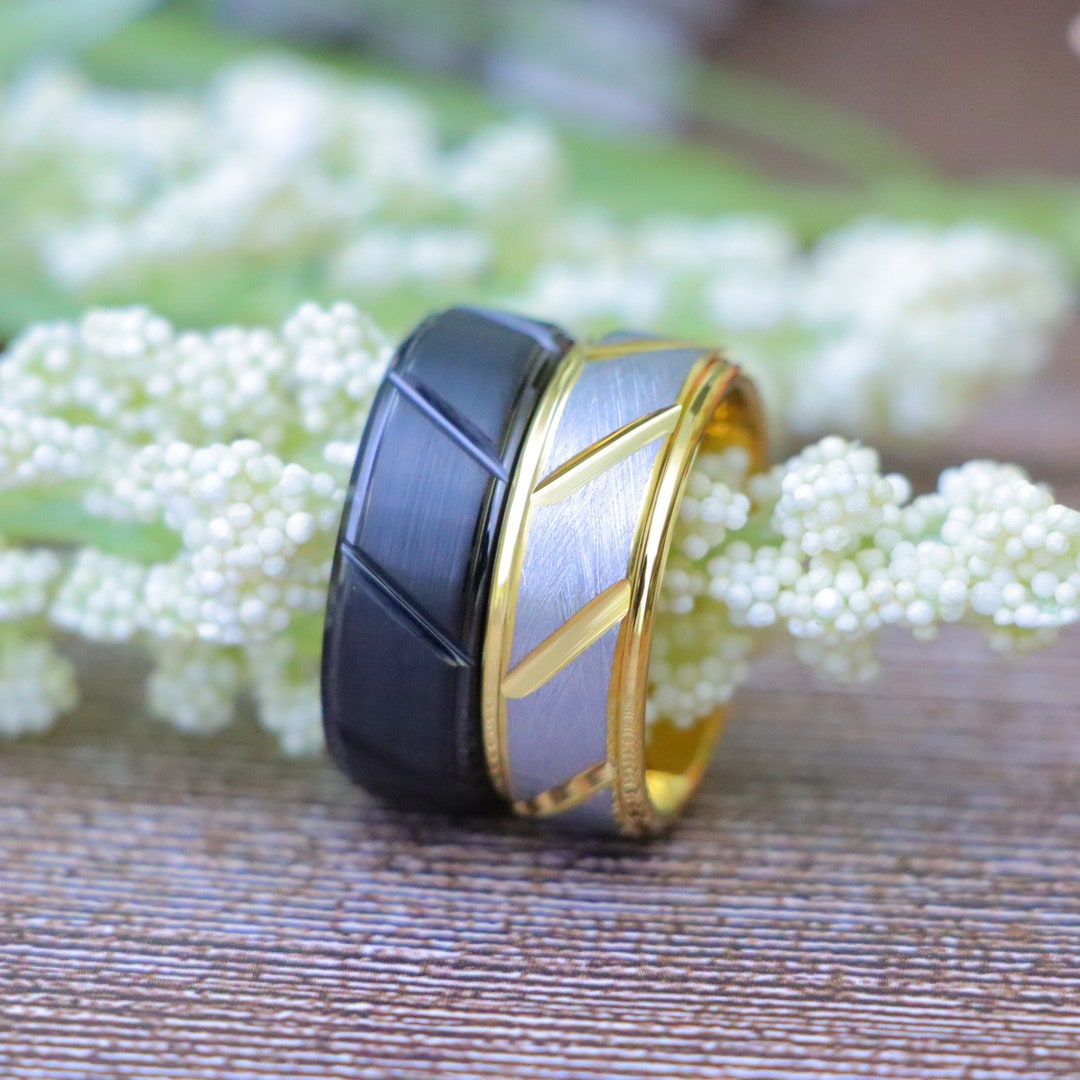 Black Tungsten Ring 8mm Grooved Brushed Ring His Tungsten Ring Yellow ...