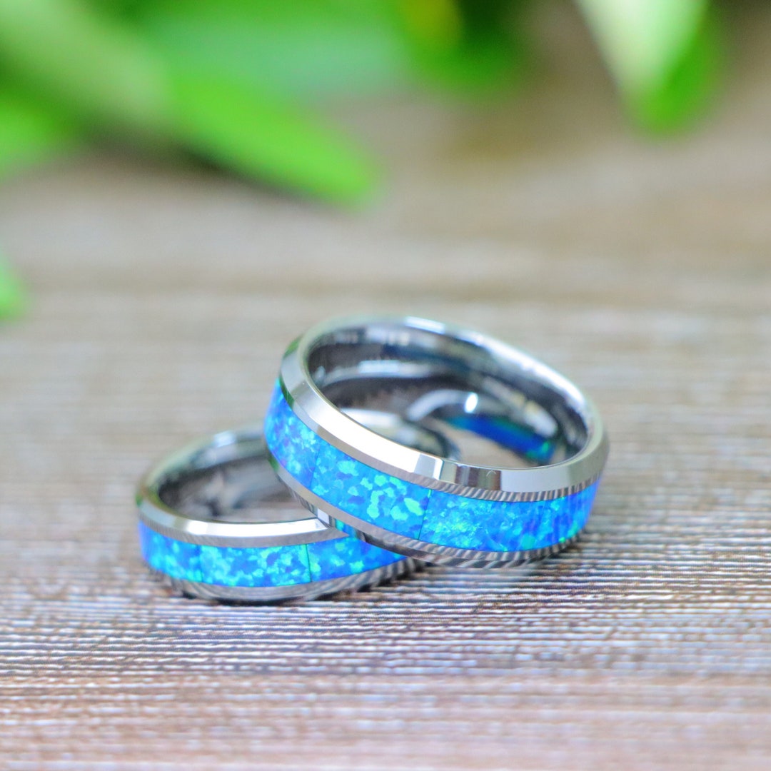 Blue Opal Ring, Men's Wedding Band, Mens Silver Tungsten Ring, Fire ...