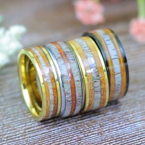 Thin Whiskey Barrel Strip Inlay Wedding Bands, Deer Antler Engagement Ring, Men&#39;s Antler Koa Wood Ring, Man Anniversary Gift, Christmas Gift