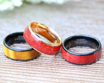 Burgundy Hue Solidified Wood Rose Gold Tungsten Ring for Men, Stabilized Burgundy Burl Wood Rings, His OR Hers Black Tungsten Wedding Bands
