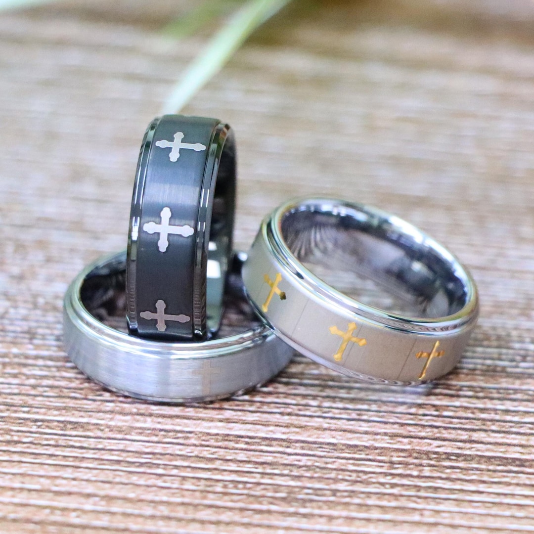 8mm Cross Ring, Black Tungsten Wedding Ring, Personalized Engraved Ring ...