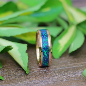 Rose Gold Tungsten Wedding Ring Emerald Green Opal Ring Mens & Women&#39;s Engagement Ring Couple Promise Ring, Christmas Gift, Valentine Gifts