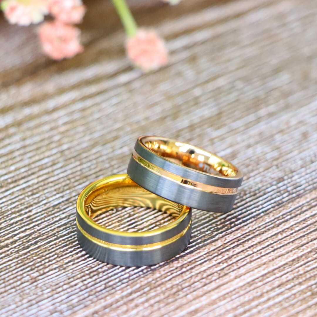 Gunmetal & Rose Gold Pipe Cut Ring, Yellow Gold Tungsten Ring, Men's ...