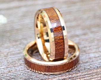 Hawaiian Koa Wood Inlay Center Ring, 6mm/8mm Rose Gold Tungsten Wedding Ring, Mens Engagement Ring, Couple Personalized Band, Christmas Gift