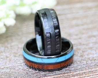 Double Stripe Inlay Dark Gray Charcoal Wood Inlay Dome Wedding Band, 8mm Black Tungsten Ring, Turquoise Promise Ring, Thanks Giving Bands