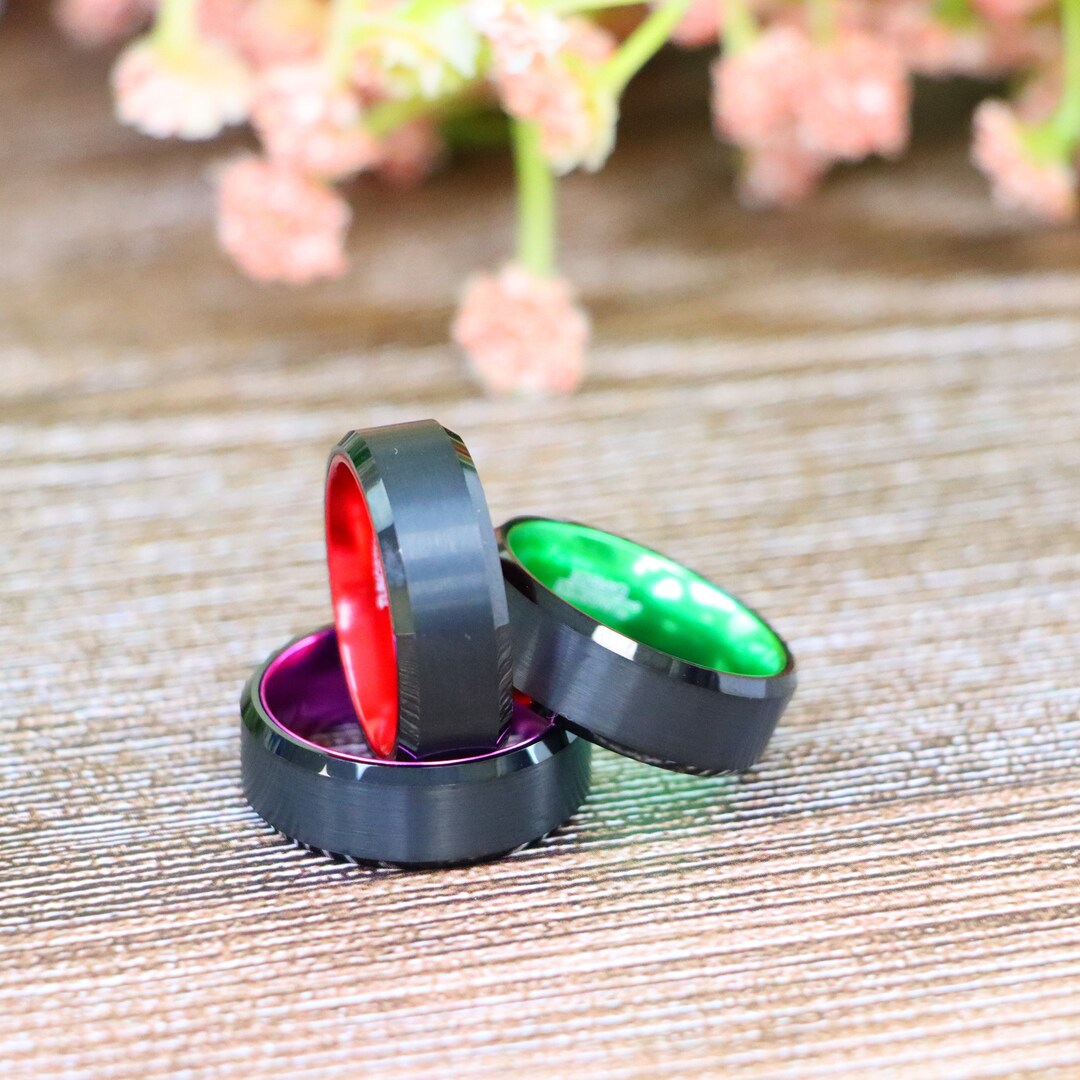 Ring Rink Red Green Rink 8mm Engagement Ring Brushed Black Tungsten Carbide Band ...