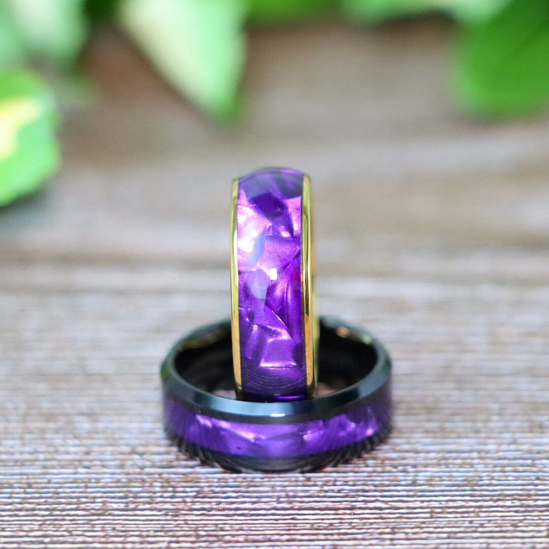 Purple Tiger Cowrie Inlay Unique Rings, 8mm Gold Tungsten Engagement ...
