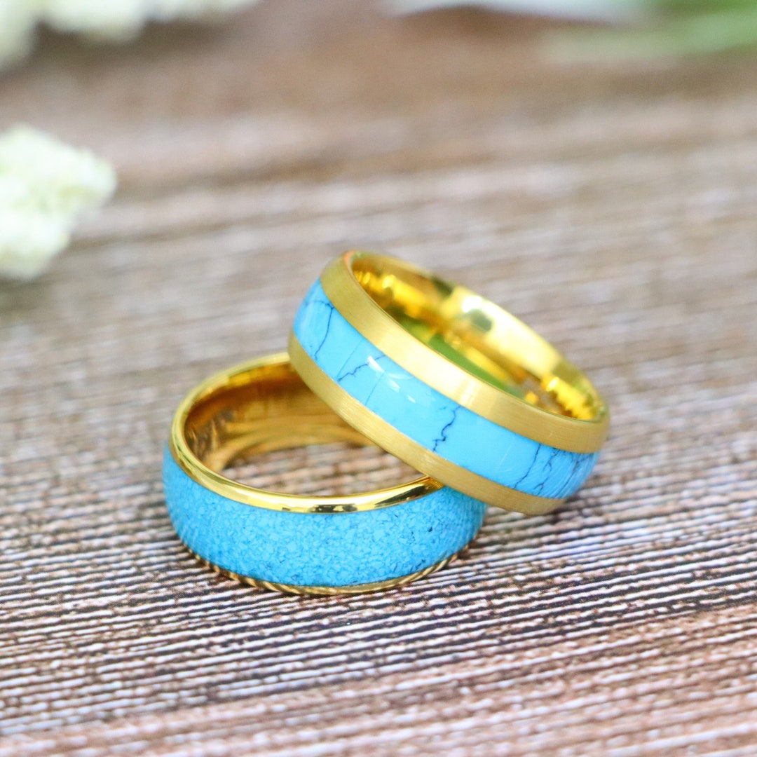 Blue Turquoise Engagement Ring Wedding Ring Yellow Gold Etsy