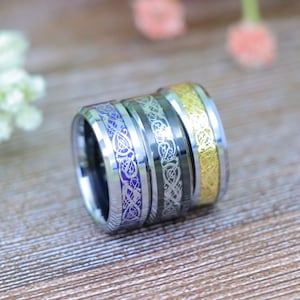 Celtic Engagement Ring Silver Tungsten Wedding Band Celtic Golden Dragon Inlay High Polished Promise Ring Christmas Gift, Valentine Gifts