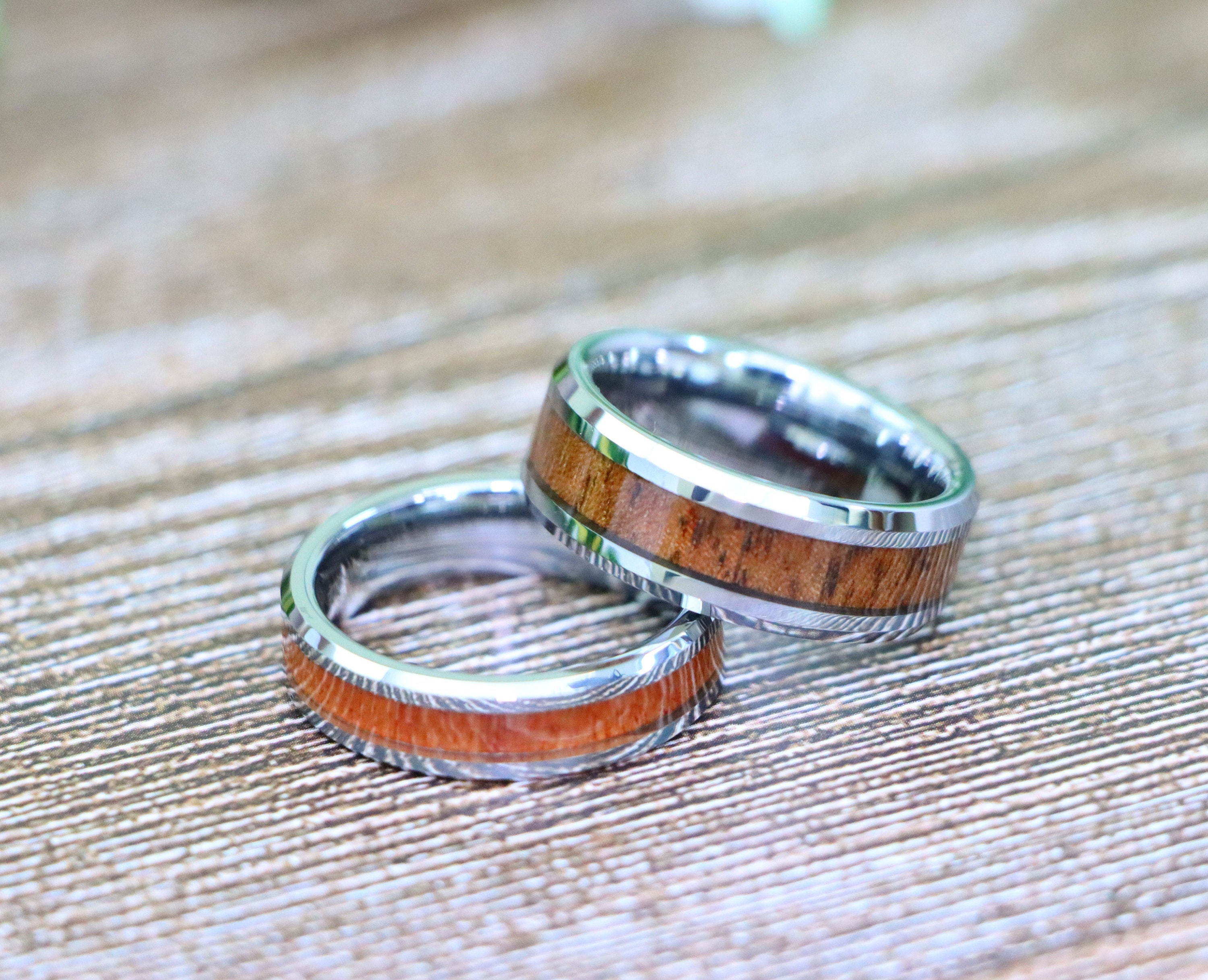 Hawaiian Koa Wood Inlay Tungsten Wedding Band, Mens Wood Wedding