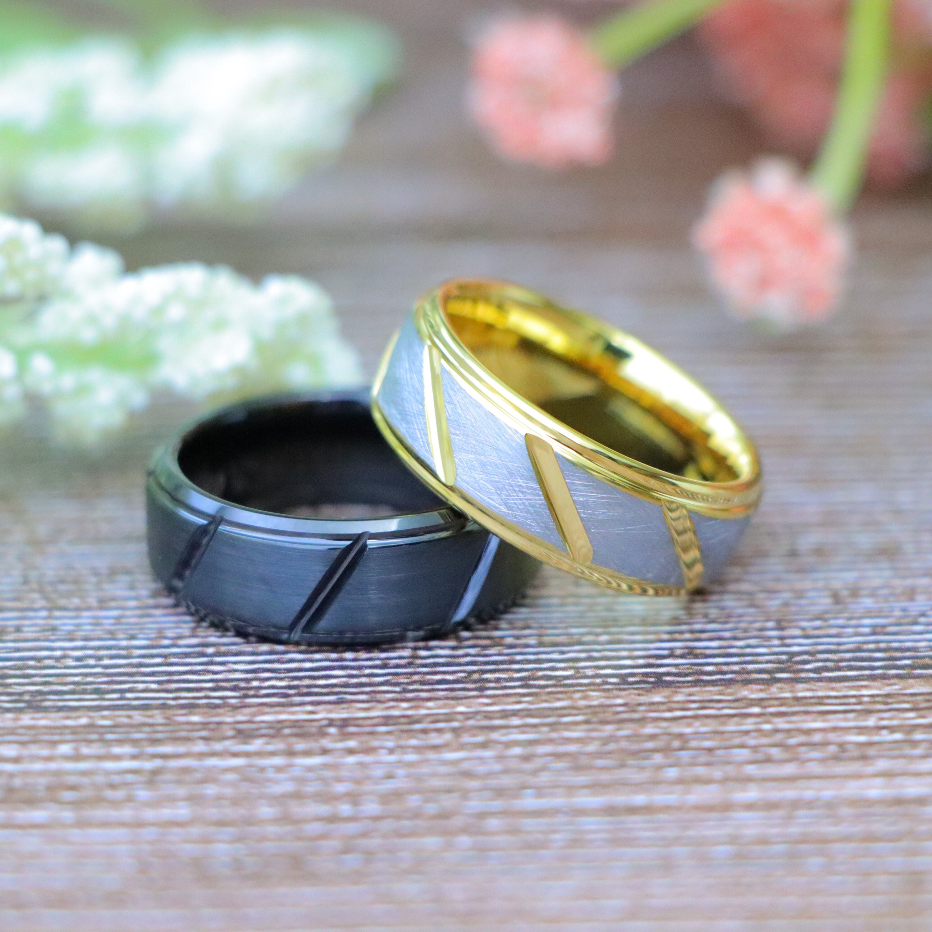 Vertical Grooved Men's Wedding Rings, Black Tungsten Engagement Ring ...