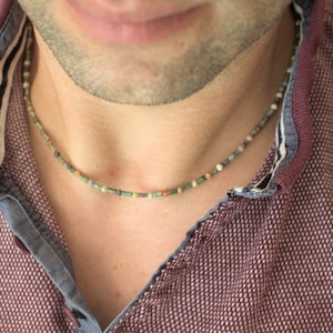 Green African Turquoise Mens Necklace, Alashan Agate Beaded Necklace For Him, Minimalist Mens Choker Necklace, Mens Jewelry, Gift for him