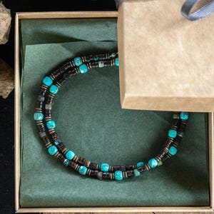 Genuine Turquoise Men Necklace, African Turquoise Beaded Necklace For Men, Natural Gemstones Mens Choker, Coconut Beaded Mens Jewelry