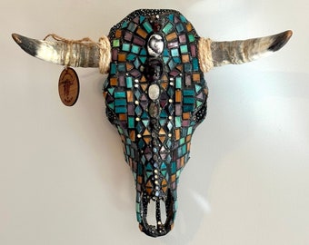 Mosaic Stone & Glass Steer Skull