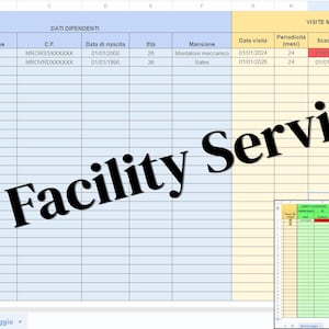 Puede incluir: Una hoja de cálculo con el texto "Facility Service" superpuesto. La hoja de cálculo tiene columnas para datos de empleados, visitas médicas y otra información. Los colores son azul, amarillo y verde.