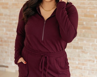 Getting Out Long Sleeve Hoodie Romper in Maroon