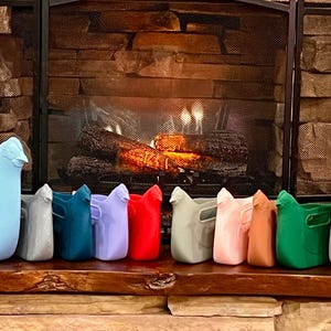 Op de afbeelding: Een verzameling kleurrijke, kipvormige containers in verschillende kleuren, waaronder blauw, grijs, teal, paars, rood, groen en roze. De containers staan op een houten oppervlak voor een open haard.