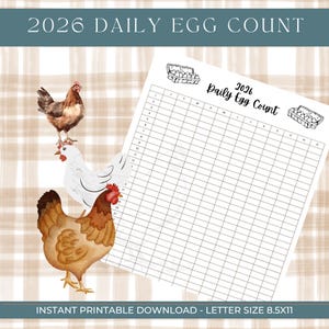 Puede incluir: Un gráfico imprimible de conteo diario de huevos para 2026 con un diseño de acuarela. El gráfico presenta una cuadrícula para rastrear la producción de huevos, con ilustraciones de gallinas. El texto "2026 Daily Egg Count" está en la parte superior.