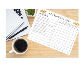 May include: A printed "Chicken Chore Chart" on a wooden surface, with a cup of coffee, a notebook, and a pen. The chart includes a list of weekly tasks and a grid for tracking. Decorative illustrations of chickens are present.