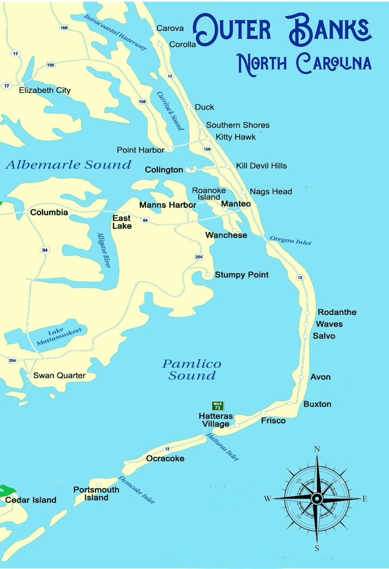 Outer Banks North Carolina Map Art Posters, Prints or Canvas Wraps