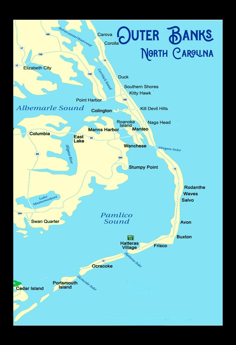 Outer Banks North Carolina Map Art Posters, Prints or Canvas Wraps