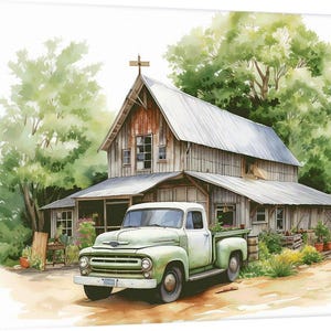 New England Vintage Old Pickup Truck Old Barn Trees Watercolor Painting Giclee Prints, Poster, Canvas Wrap Art or Framed up to 30 x 40