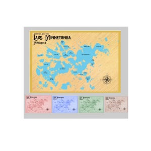 Lake Minnetonka Minnesota Karte Kunst Poster, Drucke oder Leinwand Wraps Giclee Druck Arial Maps 5 Farbauswahl Sandstrände Sommer Spaß