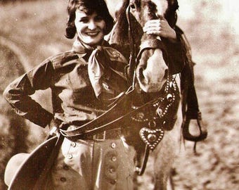 A Rodeo Cowgirls  8 x 10 Photo ON horses Old West Style Rodeo 1930s Vintage Reproduction Prints