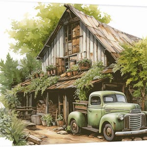 New England Vintage Old Pickup Truck Old Barn Trees Watercolor Painting Giclee Prints, Poster, Canvas Wrap Art or Framed up to 30 x 40