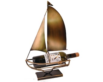 Metal SAILBOAT Nautical Design WINE HOLDER 17.7&quot;H  Wine Bottle Holder Wine Rack Theme Collection   Home Table Decor
