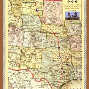 Affiche de carte du sentier des bovins de Lonesome Dove Hat Creek, souvenirs du film Old West, dimensions murales jusqu'à 24 x 26
