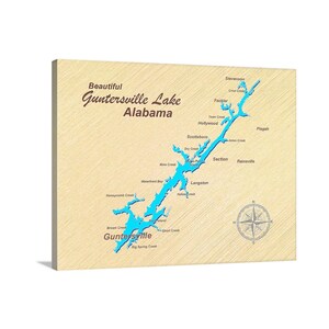 Guntersville Lake Karte Kunst Poster, Drucke oder Leinwand Wraps Giclee Druck Arial Maps Die besten Barsche in Alabama und im Südosten der USA