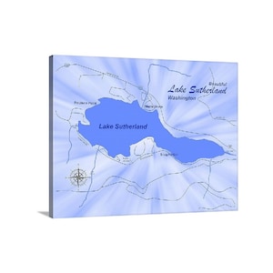 Lake Sutherland Washington-kaart kunst posters, prints of canvasdoeken gicleedruk Arial-kaarten Locaties kaartillustratie Visparadijs