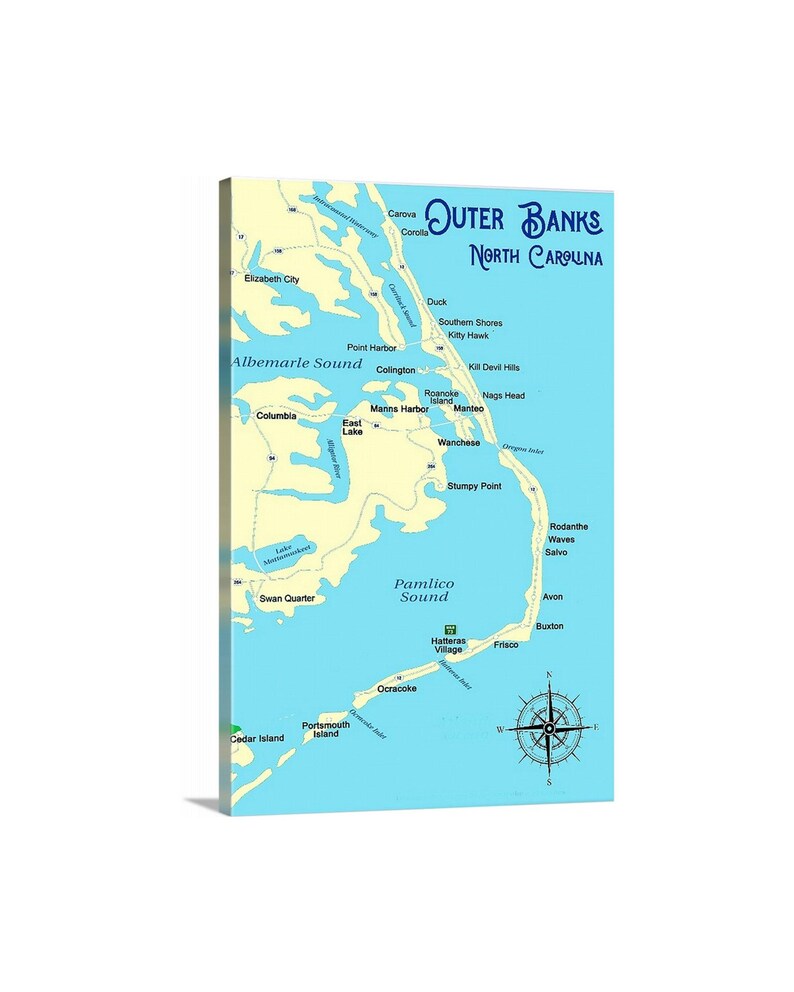 Outer Banks North Carolina Map Art Posters, Prints or Canvas Wraps