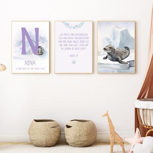 Cartel cristiano para niños | Habitación infantil | Versículo bíblico Josué 1:9 | Set de 3 personalizados | Pingüino | Sella formato A3 y A4