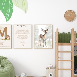 Cartel cristiano para niños | Habitación infantil | Versículo bíblico Salmo 139:14 | Set de 3 personalizados | Ciervo | Erizo en formato A3 y A4