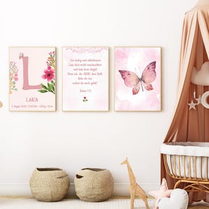 Cartel cristiano para niños | Habitación infantil | Versículo bíblico Josué 1:9 | Set de 3 personalizados | mariposa | Flores | A3 y A4