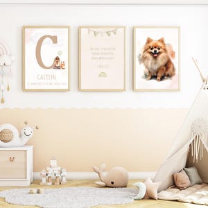 Carteles para habitaciones infantiles | Cartel cristiano | Versículo bíblico Génesis 28:15 | Set de 3 personalizados | Perro | Pomerania | Formatos A3 y A4