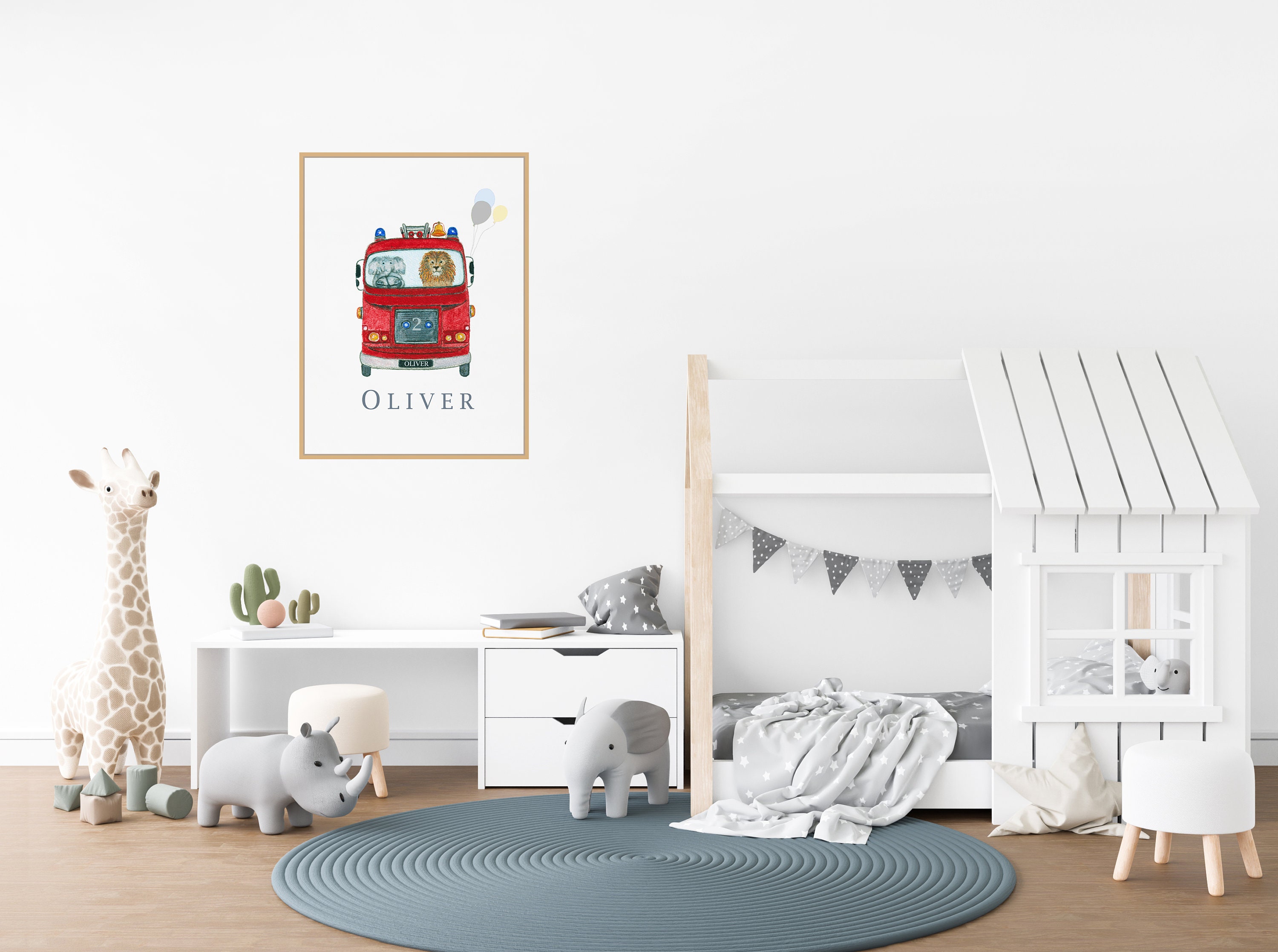 Fire Engine Print, Fire Truck Wall Art, Personalised Boy's Print,